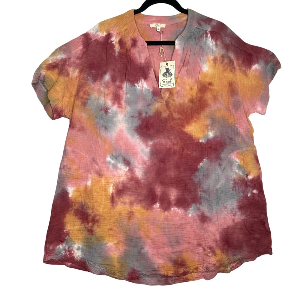 Women's Short Sleeve Tie-Dye Tunic Top in Rust Multi